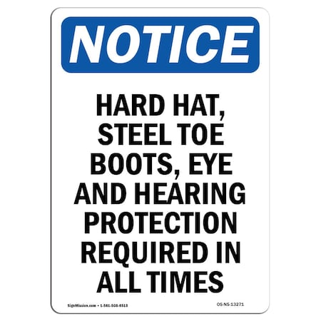Signmission OSHA Notice Sign, Hard Hat Steel Toe Boots Eye, 14in X 10in Rigid Plastic, 10" W, 14" H, Portrait OS-NS-P-1014-V-13271